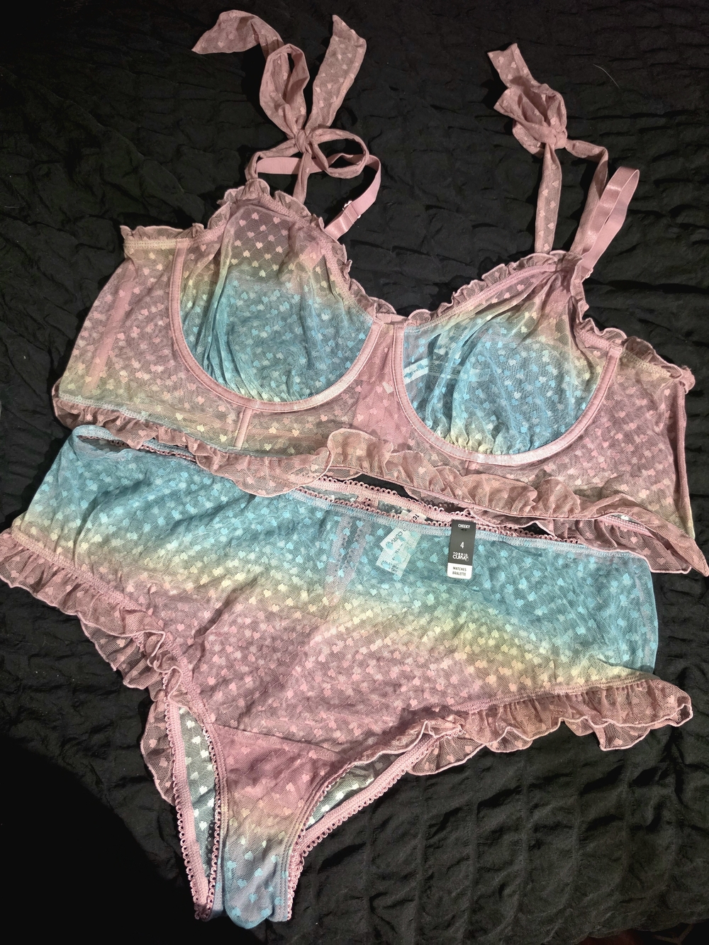 torrid Pink Teal Ombre Sheer Ruffle Underwire Bra & Brief Set